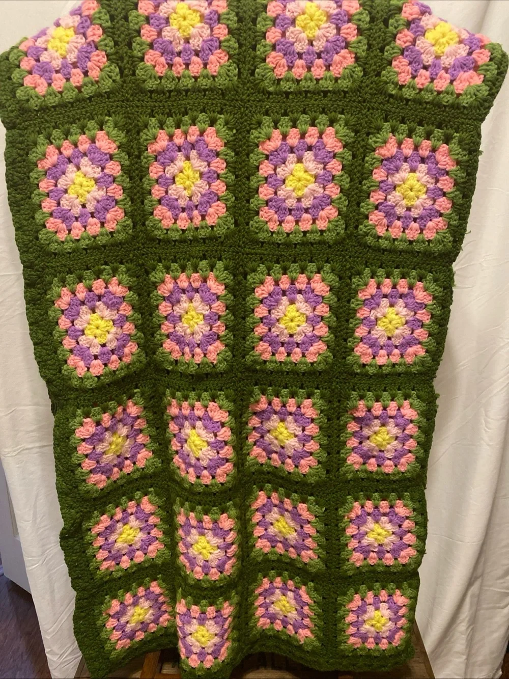 Handmade Granny Square Crochet Blanket in Olive, Pink, Lavender & Yellow